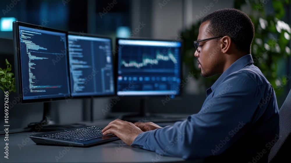 Focused software developer working on multiple computer screens in a dark office environment Focused software developer working on multiple computer screens in a dark office environment