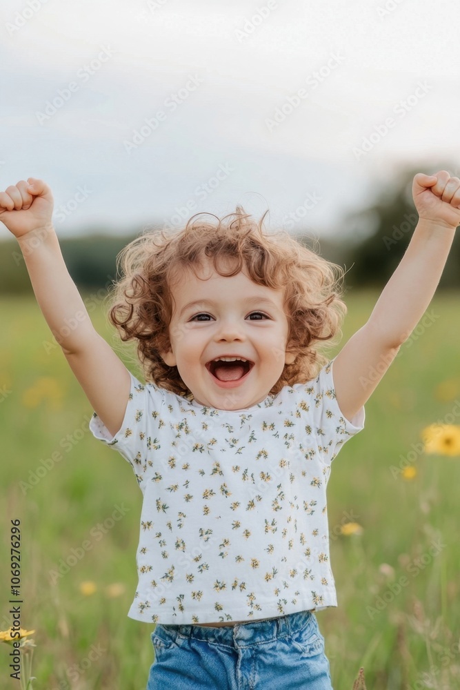 Joyful child with curly hair celebrating outdoors Joyful child with curly hair celebrating outdoors