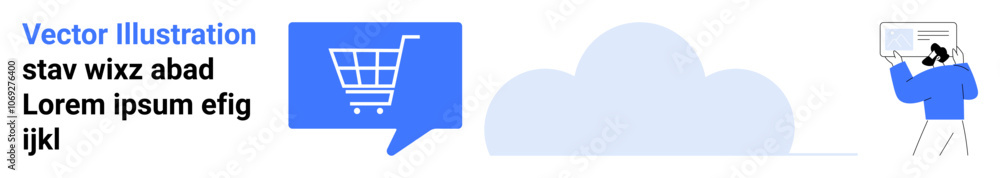 Shopping cart icon in speech bubble, cloud icon, person with analytics dashboard Ideal for e-commerce, cloud storage, data analysis, online shopping, digital marketing, tech support, SaaS Shopping cart icon in speech bubble, cloud icon, person with analytics dashboard Ideal for e-commerce, cloud storage, data analysis, online shopping, digital marketing, tech support, SaaS