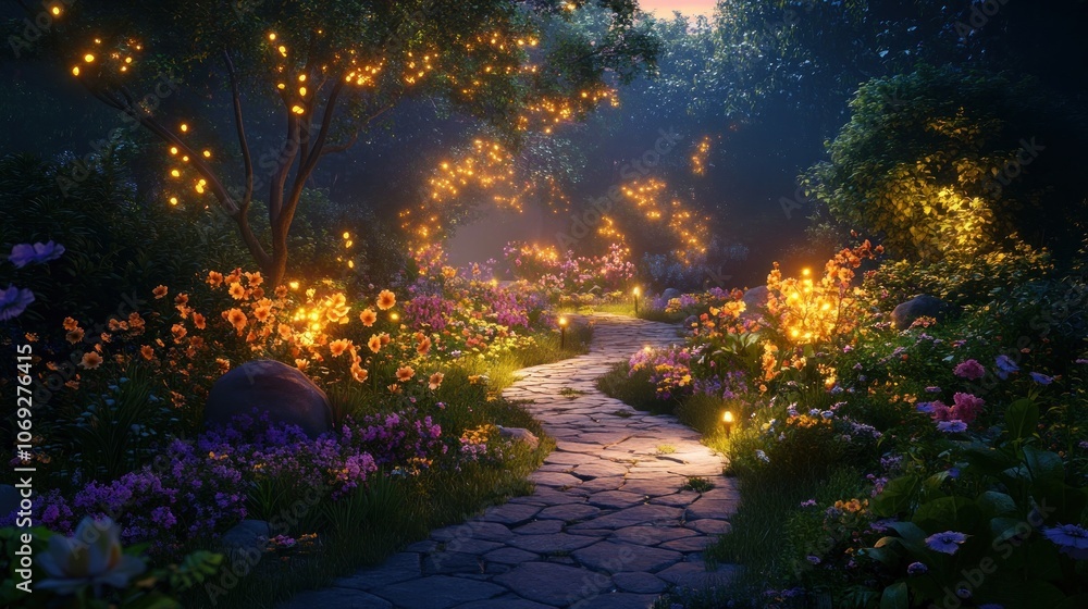 A winding stone path through a magical forest lit by glowing lights and surrounded by blooming flowers. A winding stone path through a magical forest lit by glowing lights and surrounded by blooming flowers.