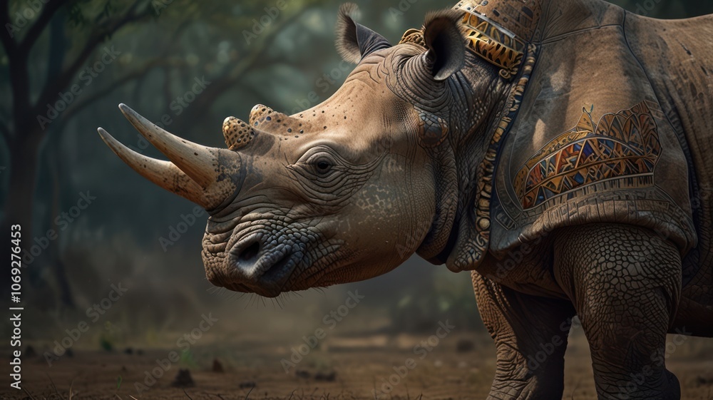 Fototapeta premium a Greater One-horned Rhinoceros, standing tall in a lush, green forest. Its thick, gray skin, prominent horn, and powerful build are captured in stunning detail.