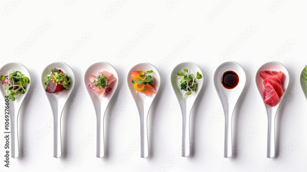 Centered on a white background, the ceramic spoons with tuna tataki highlight vibrant ingredients and elegant presentation, topped with yuzu kosho and microgreens for a striking visual. Centered on a white background, the ceramic spoons with tuna tataki highlight vibrant ingredients and elegant presentation, topped with yuzu kosho and microgreens for a striking visual.