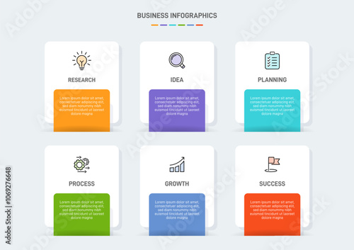 6 clean infographic design shaped elements template, symbolizing the six stages of business strategy and progression. Progress bar or timeline. Vector for presentation, web site or app.