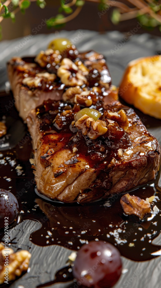 Vertical close-up of Foie Gras Torchon drizzled with aged balsamic vinegar, served on grilled ciabatta and garnished with roasted grapes and walnuts Vertical close-up of Foie Gras Torchon drizzled with aged balsamic vinegar, served on grilled ciabatta and garnished with roasted grapes and walnuts