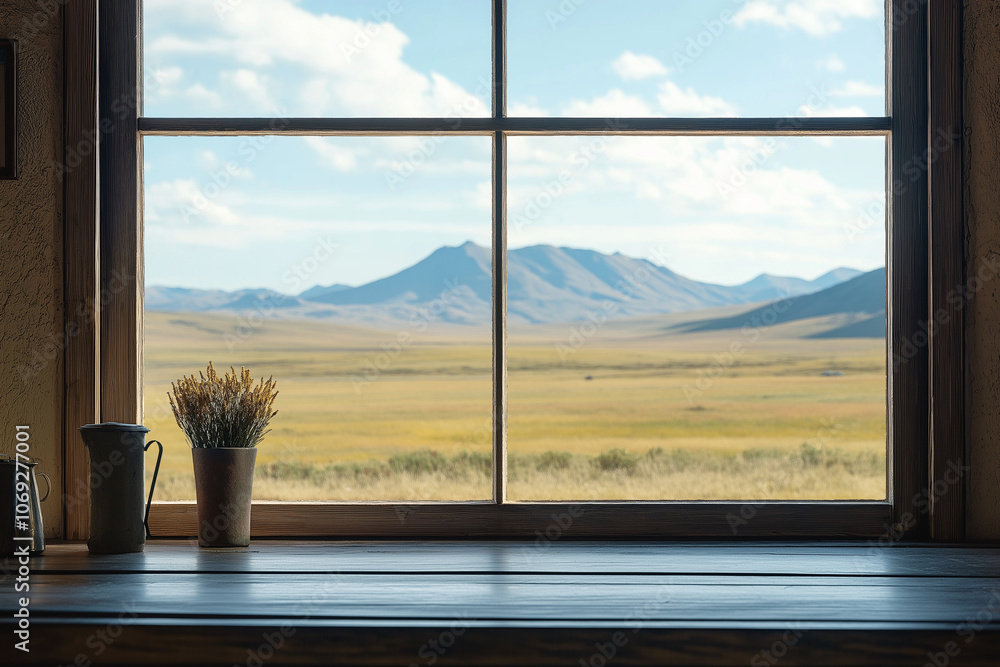 Fototapeta premium Window View of Vast Plateau from Lodge in High Mountain Range – Altitude Adventure Scene