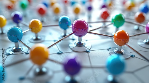 Colorful pins connected by strings on a white surface, showcasing a network of relationships and connections