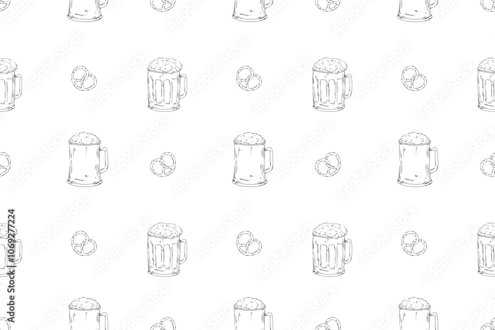 Beer glass, mug vector line illustration doodle food drink alcohol bar pub seamless pattern, bertzel, salted snack, textile design wrapping paper Octoberfest holidays weekend barbecue Beer glass, mug vector line illustration doodle food drink alcohol bar pub seamless pattern, bertzel, salted snack, textile design wrapping paper Octoberfest holidays weekend barbecue