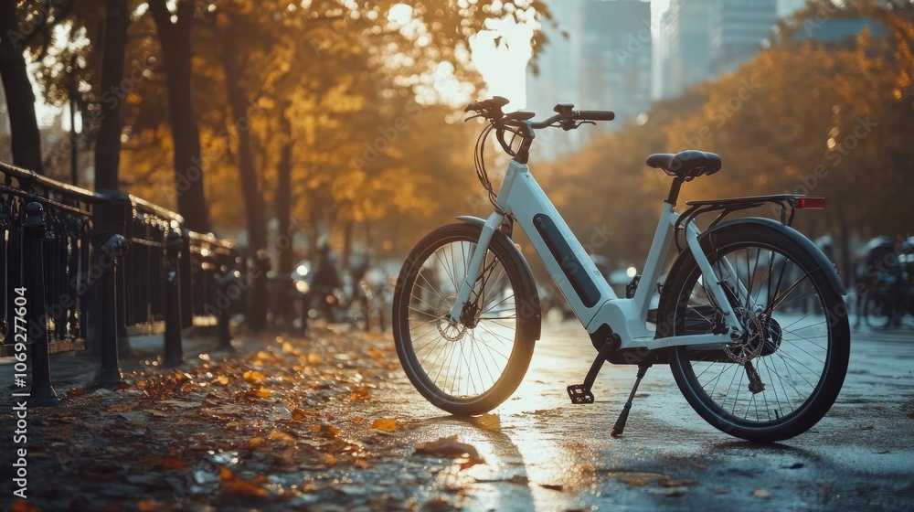 A modern bicycle stands on a sunlit path surrounded by autumn leaves in an urban setting. A modern bicycle stands on a sunlit path surrounded by autumn leaves in an urban setting.