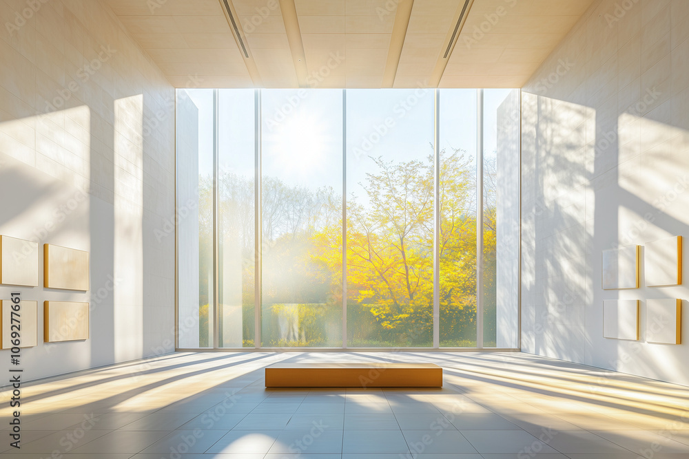 Fototapeta premium Window View of Sunlit Atrium from Gallery in Art Museum – Cultural Immersion Concept