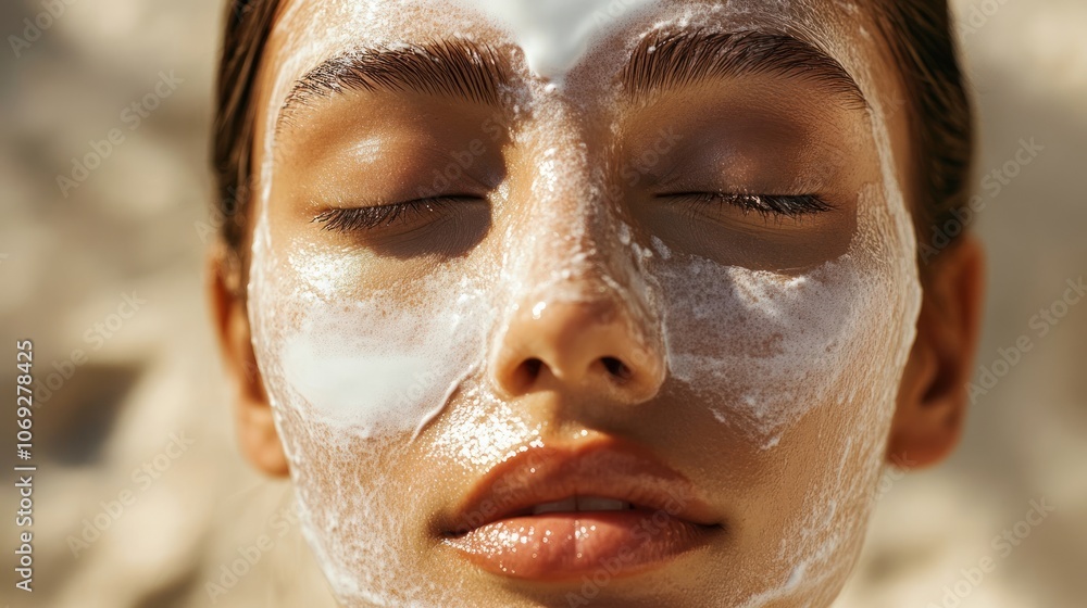 A woman relaxes with a facial treatment on a sandy surface. A woman relaxes with a facial treatment on a sandy surface.