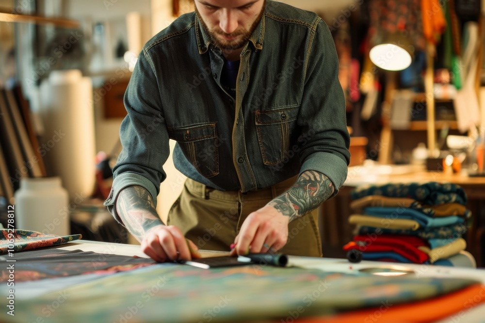 Tattooed artisan cutting fabric in a craft workshop Tattooed artisan cutting fabric in a craft workshop