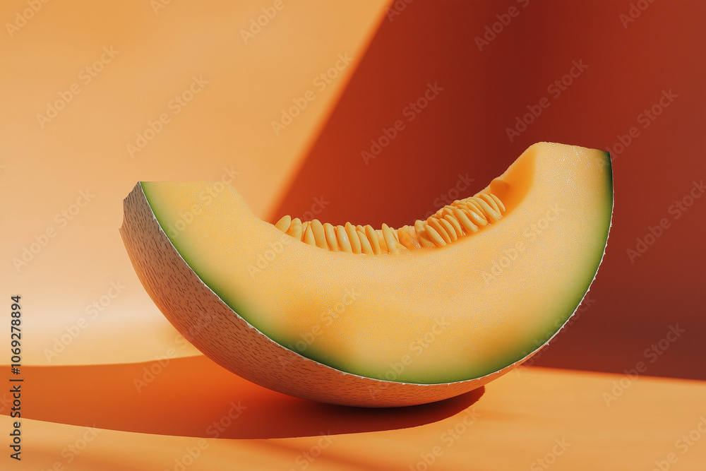 Cantaloupe Slice with Seeds on Soft Orange Background - Sweet Summer Fruit Cantaloupe Slice with Seeds on Soft Orange Background - Sweet Summer Fruit