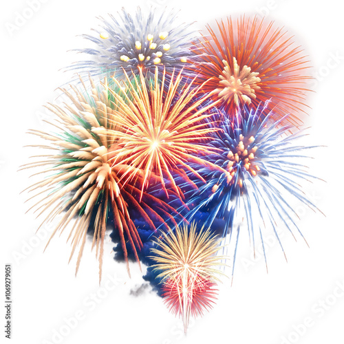 Colorful firework display with multiple bursts of light on transparent background