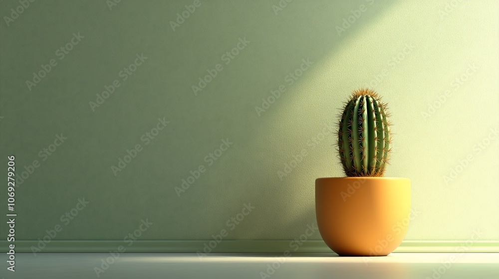 A single cactus plant in a terracotta pot sits on a white surface against a green wall with a beam of sunlight shining on it. A single cactus plant in a terracotta pot sits on a white surface against a green wall with a beam of sunlight shining on it.