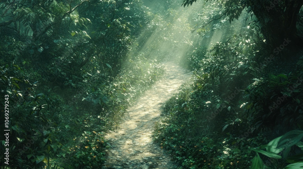 Fototapeta premium A sunlit path winds through a dense, green jungle.