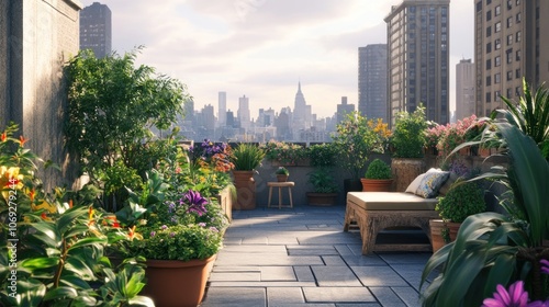 A lush rooftop garden with a cityscape view.