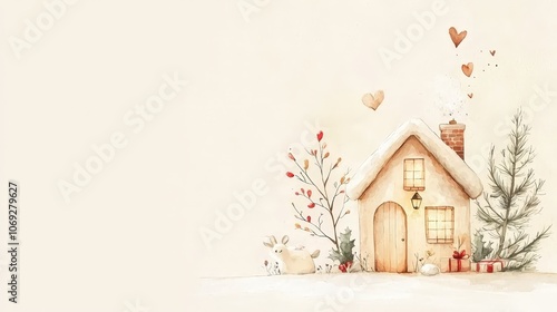 A whimsical illustration of a cozy house surrounded by trees and hearts, evoking warmth and cheer in a serene color palette.