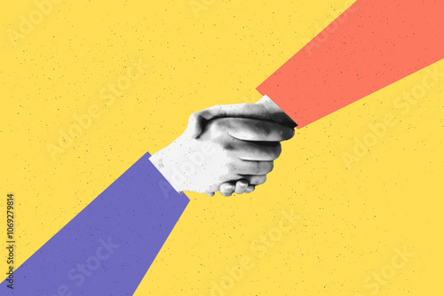Business handshake trendy halftone art collage banner template. Partnership concept, successful agreement, closing a deal, securing a contract. Modern retro cut out vector illustration