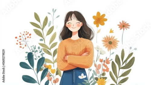 A cheerful illustration of a girl in an orange sweater surrounded by colorful flowers and greenery, exuding positivity and warmth.