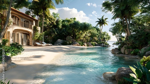 Tropical flowers alongside turquoise beach waters in exotic paradise wallpaper