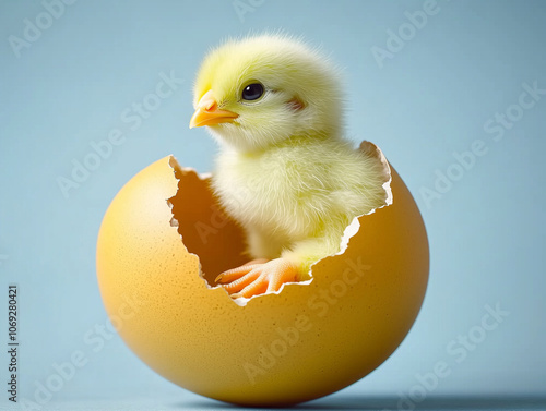  yellow chick sitting inside a cracked, yellow egg photo