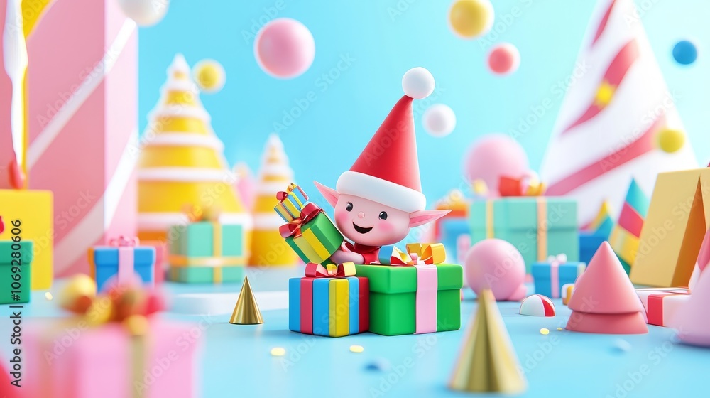 Chubby elf joyfully wraps colorful gifts in santa's workshop for the holiday season Chubby elf joyfully wraps colorful gifts in santa's workshop for the holiday season