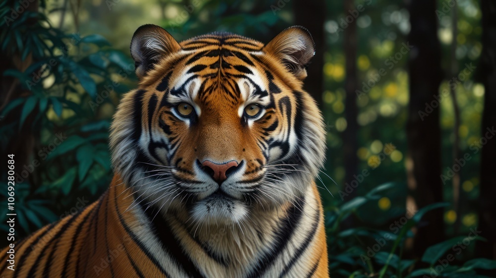 a tiger, its piercing eyes and powerful build capturing the essence of a true predator. The tiger's vibrant orange and black stripes stand out against the lush green foliage of the forest. a tiger, its piercing eyes and powerful build capturing the essence of a true predator. The tiger's vibrant orange and black stripes stand out against the lush green foliage of the forest.