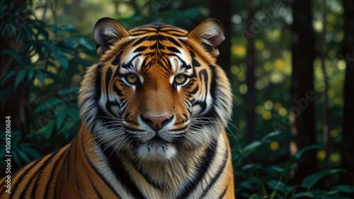 a tiger, its piercing eyes and powerful build capturing the essence of a true predator. The tiger's vibrant orange and black stripes stand out against the lush green foliage of the forest.