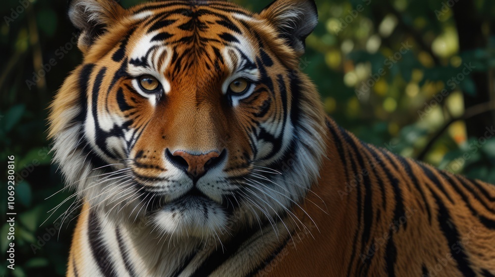 a tiger, its piercing eyes and powerful build capturing the essence of a true predator. The tiger's vibrant orange and black stripes stand out against the lush green foliage of the forest. a tiger, its piercing eyes and powerful build capturing the essence of a true predator. The tiger's vibrant orange and black stripes stand out against the lush green foliage of the forest.