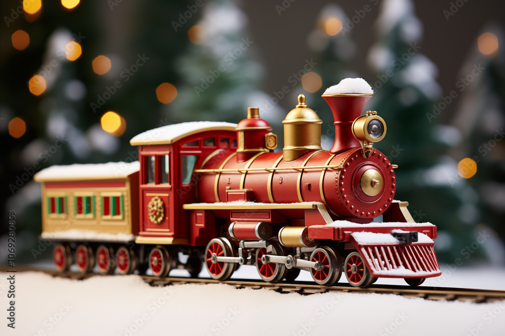 A festive red toy train covered in snow, with gold accents, set against a blurred background of Christmas trees and warm lights. A festive red toy train covered in snow, with gold accents, set against a blurred background of Christmas trees and warm lights.