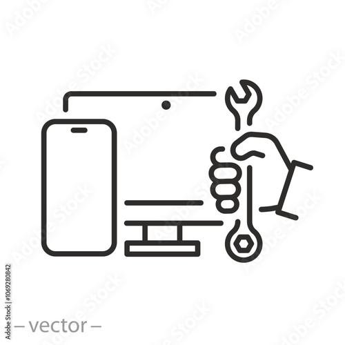 broken gadget repair icon, phone with computer repair service, thin line vector illustration