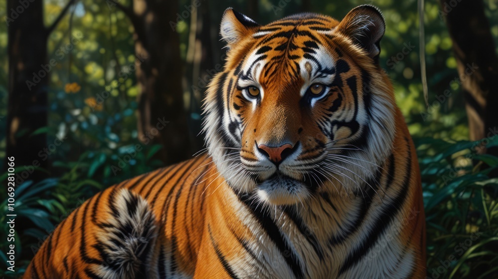 Obraz premium a tiger, its piercing eyes and powerful build capturing the essence of a true predator. The tiger's vibrant orange and black stripes stand out against the lush green foliage of the forest.