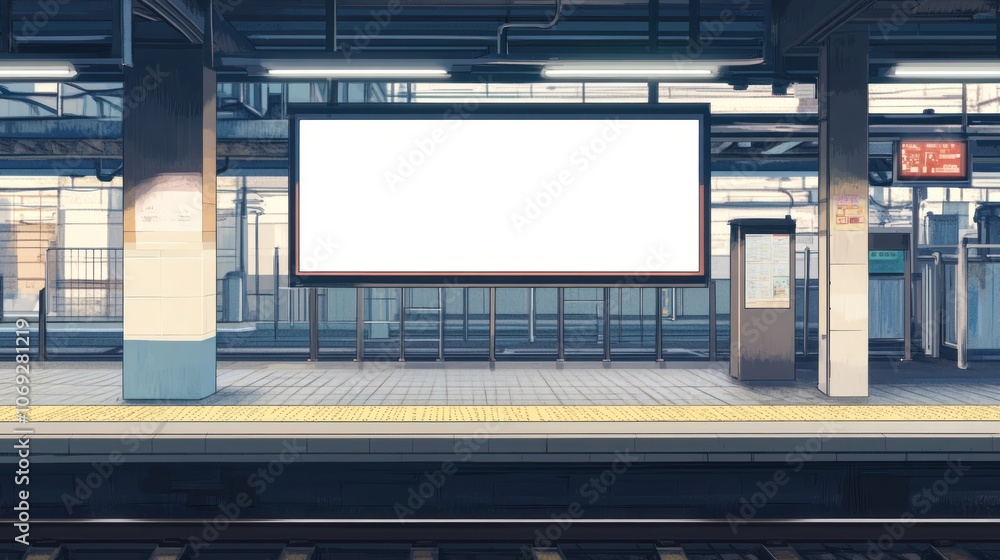 A quiet train station platform featuring an empty billboard and minimalistic surroundings. A quiet train station platform featuring an empty billboard and minimalistic surroundings.
