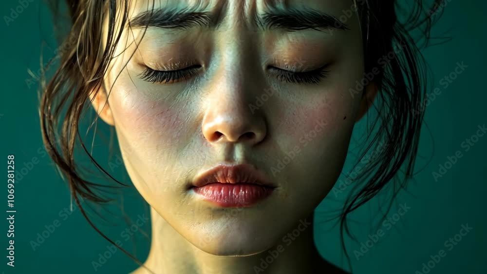 A woman with dark hair and closed eyes looks down in front of a teal background A woman with dark hair and closed eyes looks down in front of a teal background