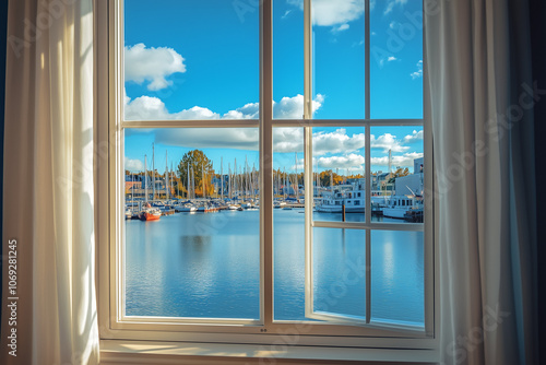 Window View of Bustling Harbor from Waterfront Condo – Maritime City Lifestyle Concept photo