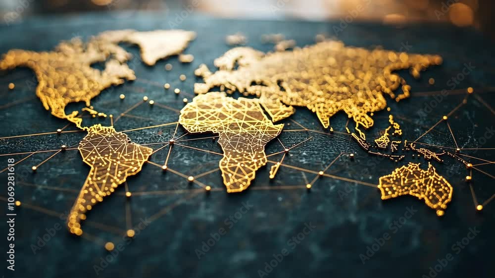 A golden world map with interconnected lines represents global ...