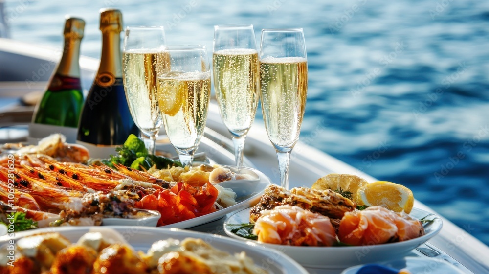 A luxurious seafood spread with champagne on a boat, perfect for celebration. A luxurious seafood spread with champagne on a boat, perfect for celebration.