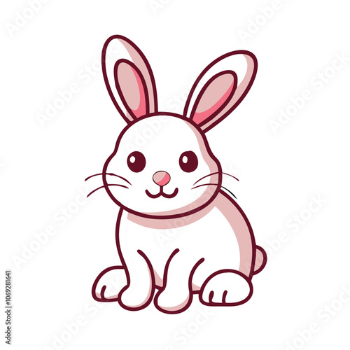 Adorable Pink-Eared Cartoon Bunny Sitting Upright, Cute cartoon bunny with pink ears and cheeks, sitting upright with a gentle expression. Perfect for Easter, kids, or animal themes.
