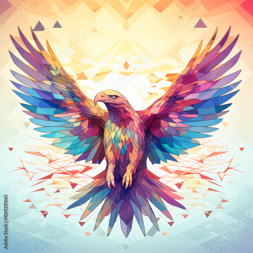 Vibrant geometric eagle in flight with multicolored wings against an abstract polygonal background, symbolizing freedom and power in modern digital art photo