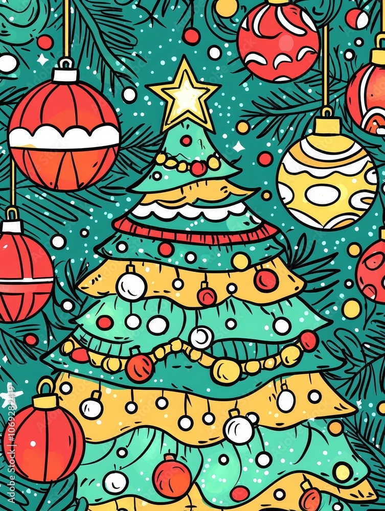 Fototapeta premium Create a whimsical doodle hand-drawn christmas background featuring a festive christmas tree and ornaments