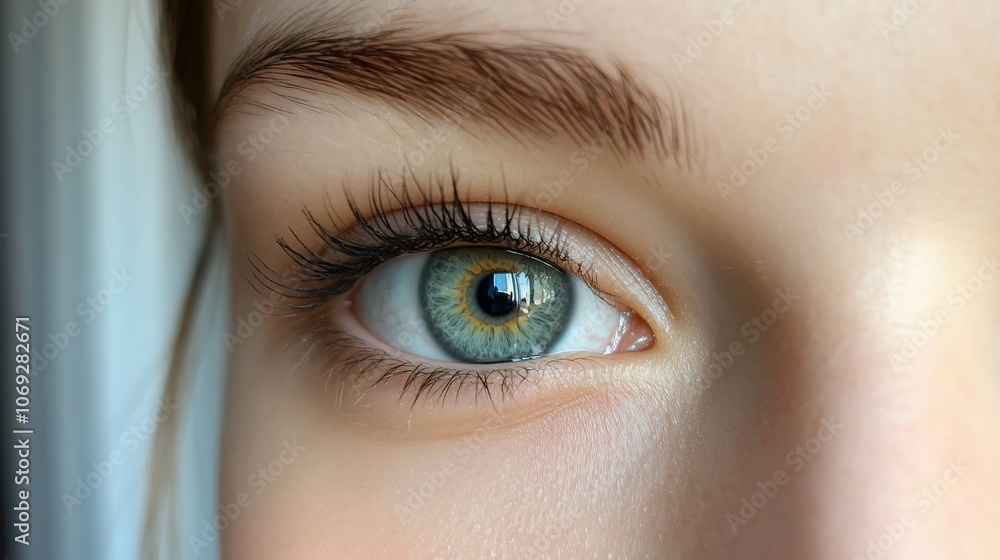 Fototapeta premium Close-up of a woman's blue eye with long eyelashes.