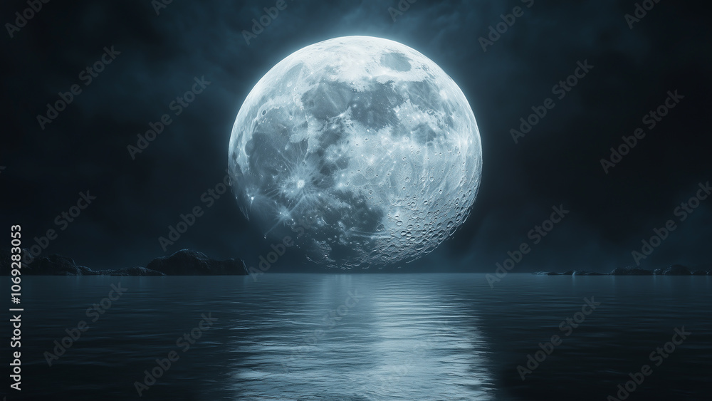 A luminous full moon reflecting on tranquil waters during a serene night A luminous full moon reflecting on tranquil waters during a serene night