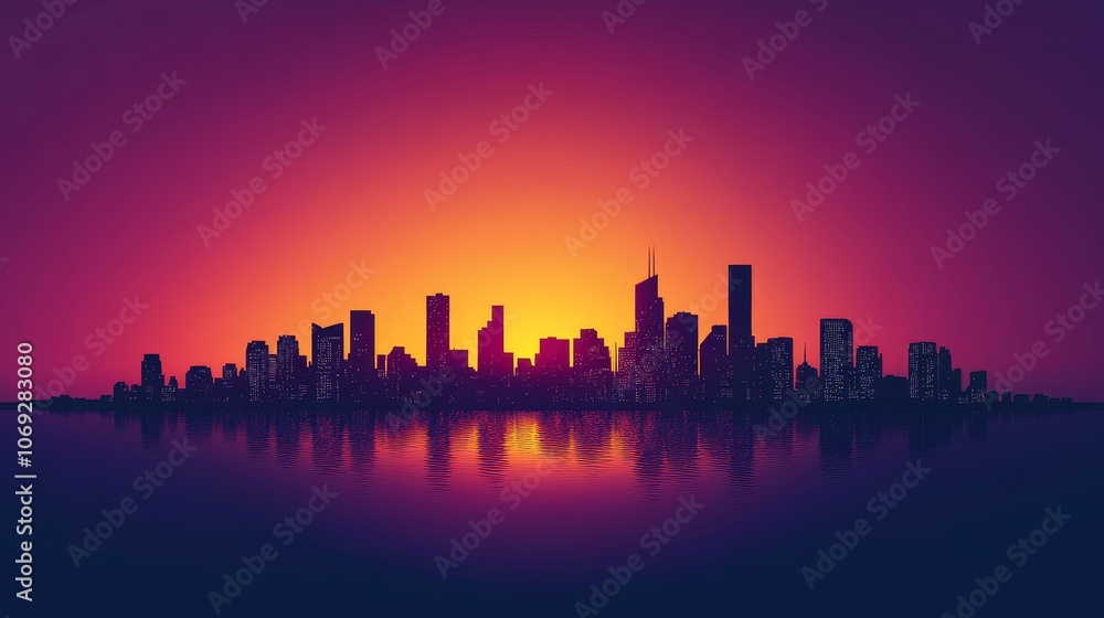 Silhouette of a sprawling city skyline drenched in vibrant hues of a setting sun, symbolizing modernization and urban life. Captures serene yet dynamic urban experiences. Silhouette of a sprawling city skyline drenched in vibrant hues of a setting sun, symbolizing modernization and urban life. Captures serene yet dynamic urban experiences.