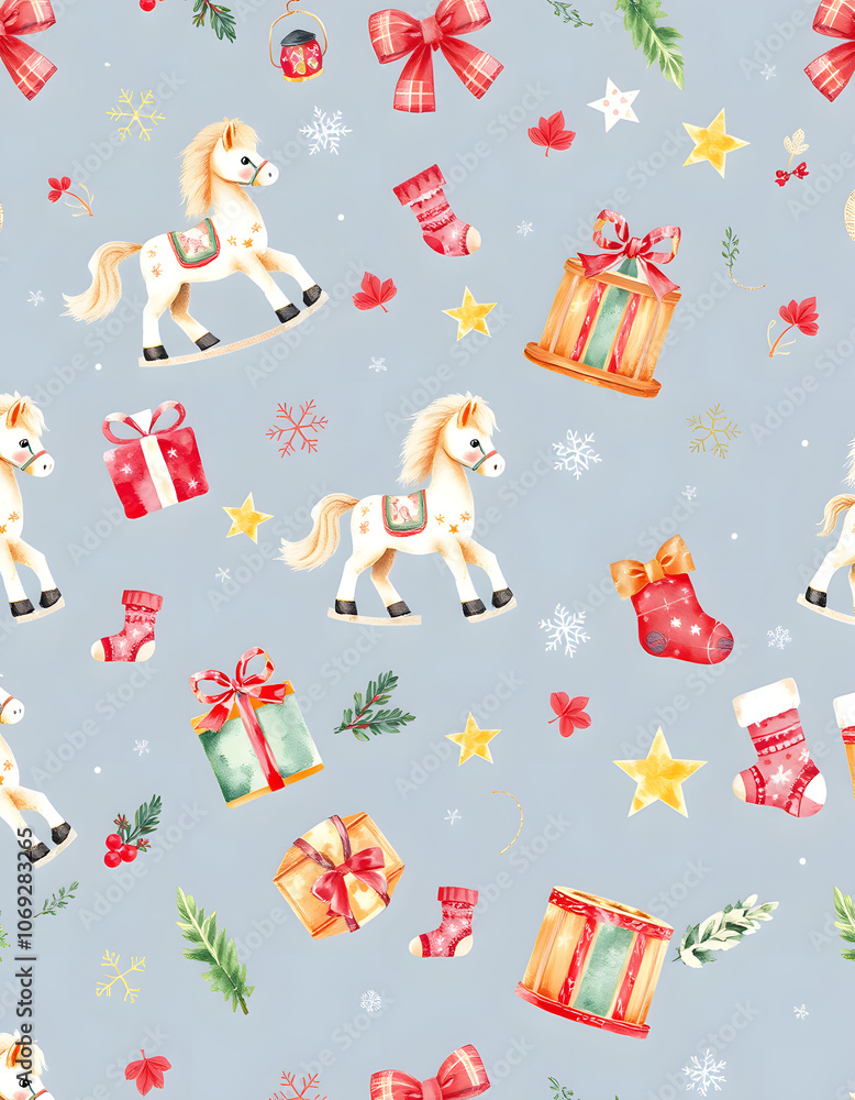Watercolor seamless winter pattern with Christmas elements. Cute toy horse, gifts, skates, stars, lantern, fir, leaves, socks. Watercolor illustration for wrapping paper, textile, decoration, hand-d Watercolor seamless winter pattern with Christmas elements. Cute toy horse, gifts, skates, stars, lantern, fir, leaves, socks. Watercolor illustration for wrapping paper, textile, decoration, hand-d