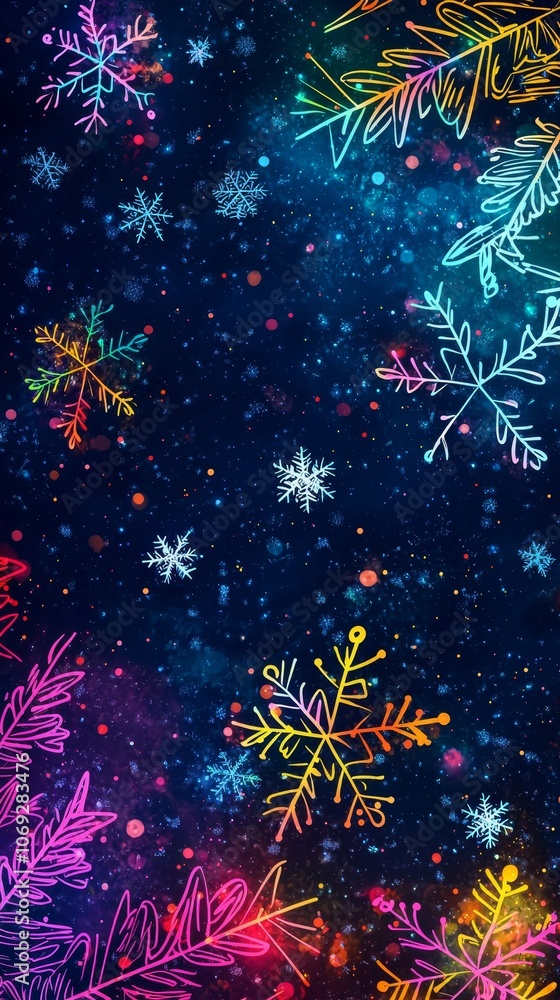 Create a festive doodle hand-drawn christmas background featuring colorful snowflakes and sparkling effects Create a festive doodle hand-drawn christmas background featuring colorful snowflakes and sparkling effects