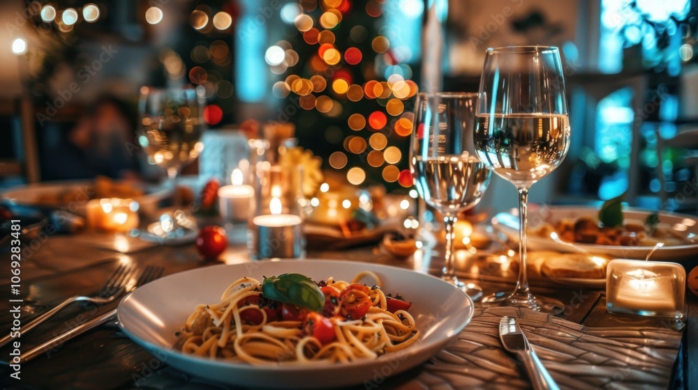 Pasta Dinner with Wine and Christmas Lights Pasta Dinner with Wine and Christmas Lights
