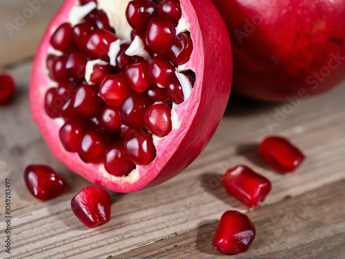 Freshly cut pomegranate revealing juicy red seeds on a wooden surface with scattered arils nearby in natural light photo