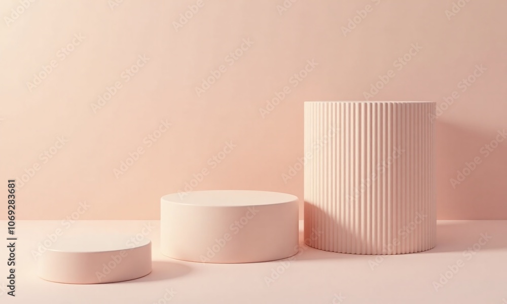 Minimalist empty product podium display Ribbed cylindrical pedestals Minimalist empty product podium display Ribbed cylindrical pedestals