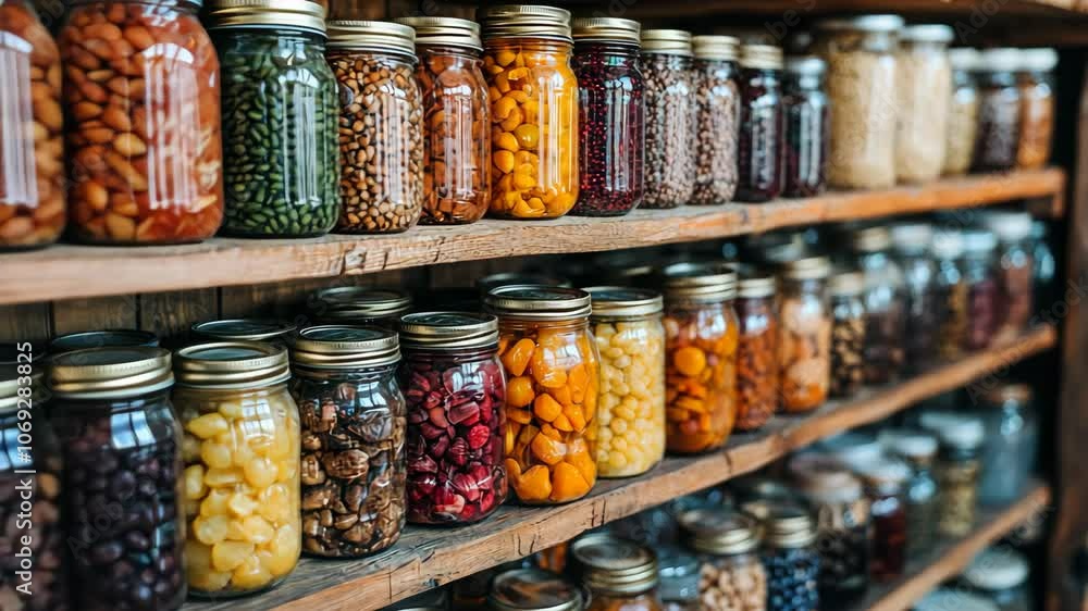 A shelf filled with mason jars containing various dried goods sits in a pantry A shelf filled with mason jars containing various dried goods sits in a pantry