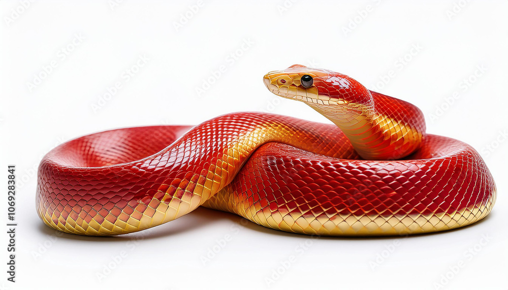Fototapeta premium Red and gold snake isolated on white backdrop. Symbol of 2025 year.